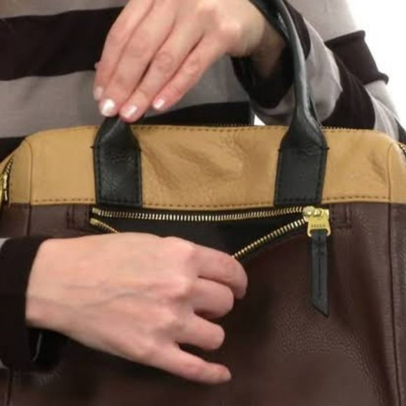 FOSSIL Erin Colourblocked Satchel Leather Khaki Beige Double Zip Carry Bag - Picture 14 of 15